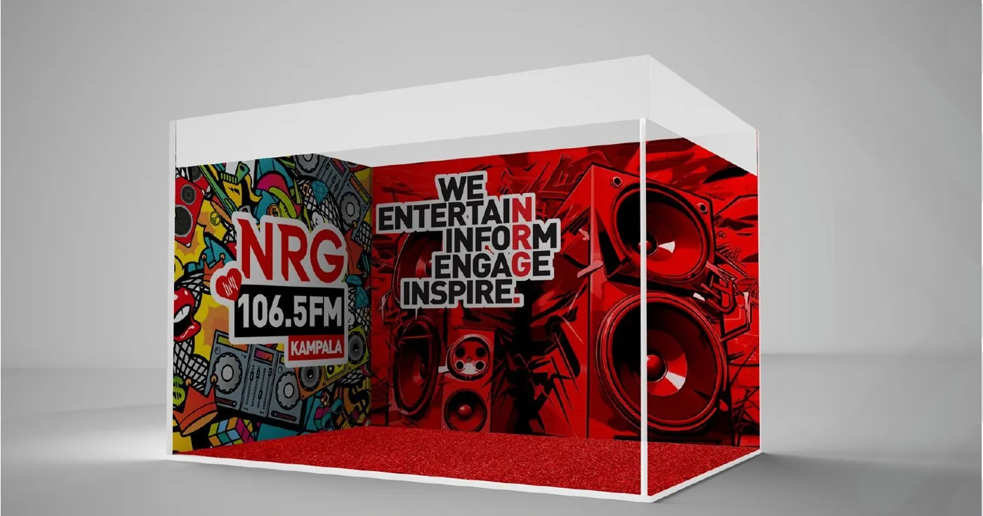 3D render of a red NRG 106.5FM branded activation booth